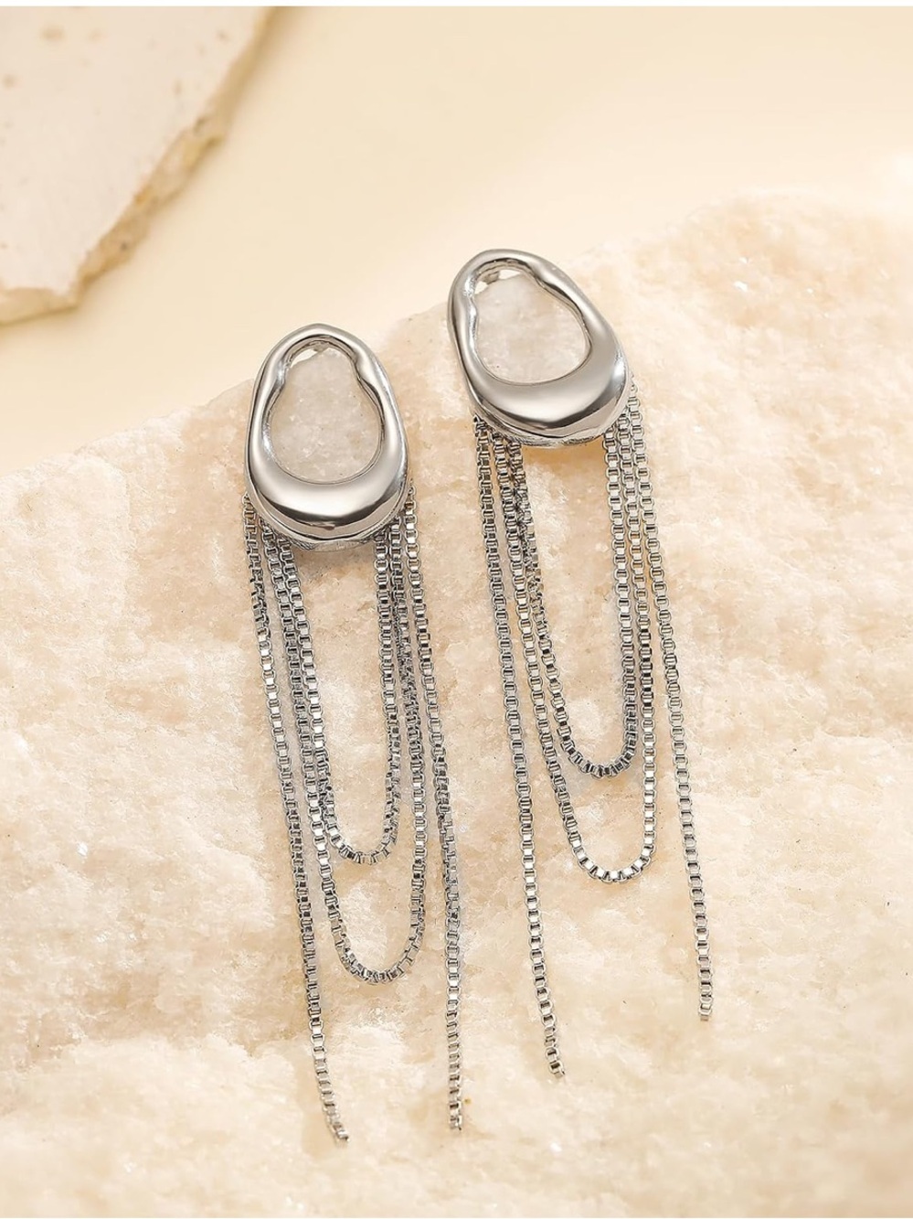 Modern Sculptural Silver Cascade Chain Earrings